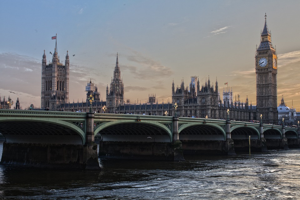 The Houses of Parliament and Big Ben seen from across the River Thames.