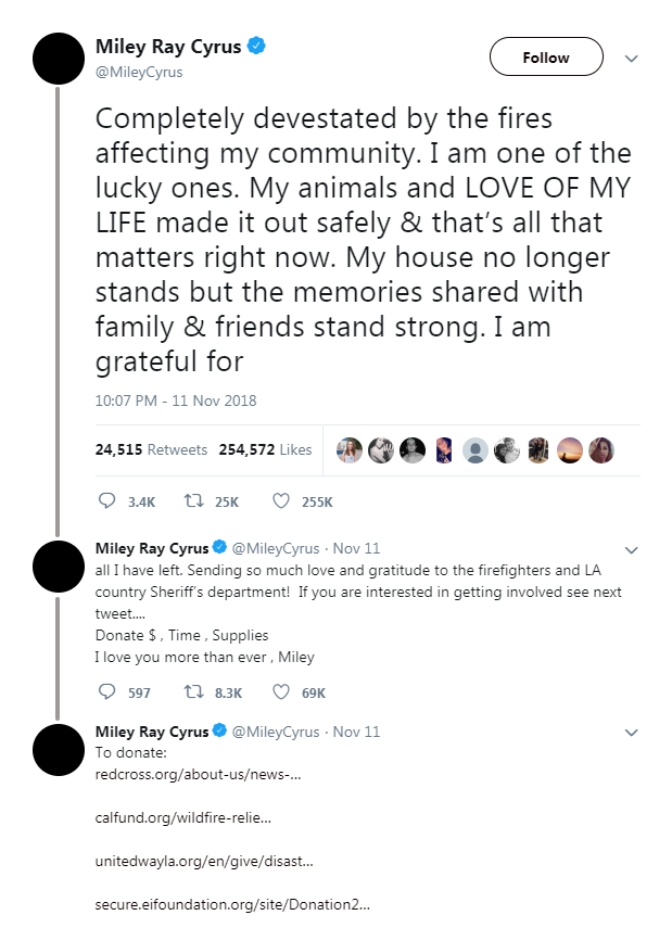 Image of Miley Cyrus' tweet encouraging support for those who had lost their homes in the Malibu wildfires