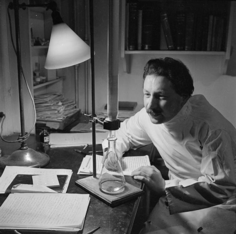 Ernest Chain undertakes an experiment in his office at the School of Pathology at Oxford University in 1944.