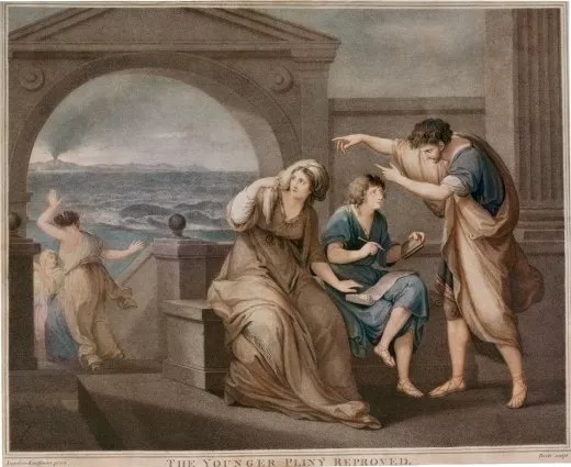 The Younger Pliny Reproved, colorized copperplate print by Thomas Burke